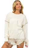 Beige Exposed Stitching Chest Pocket Drop Shoulder Sweater