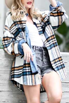 White Plaid Pattern Drop Shoulder Flannel Shacket