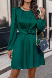 Plain Tie Waist Lantern Sleeves Dress