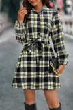 Lantern Sleeves Tie Waist Plaid Dress