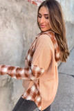 Khaki Waffle Knit Plaid Patchwork Hooded Shacket