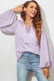 Purple Lantern Sleeve Stripe Tassel Drawstring Blouse