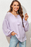 Purple Lantern Sleeve Stripe Tassel Drawstring Blouse