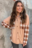 Khaki Waffle Knit Plaid Patchwork Hooded Shacket