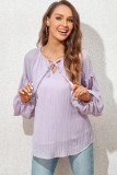 Purple Lantern Sleeve Stripe Tassel Drawstring Blouse