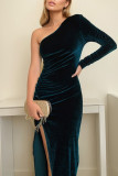 One Shoulder Side Ruched Split Velvet Dress