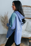Blue Color Block Exposed Seam Buttoned Neckline Hoodie
