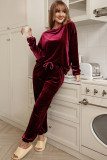 Fiery Red Solid Velvet Two Piece Athleisure Outfit