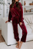 Fiery Red Solid Velvet Two Piece Athleisure Outfit