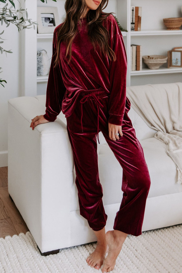 Fiery Red Solid Velvet Two Piece Athleisure Outfit