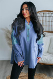Blue Color Block Exposed Seam Buttoned Neckline Hoodie