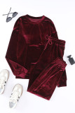 Fiery Red Solid Velvet Two Piece Athleisure Outfit