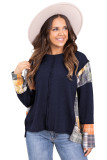Navy Blue Plaid Patchwork Exposed Seam Knit Top