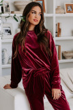 Fiery Red Solid Velvet Two Piece Athleisure Outfit