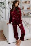 Fiery Red Solid Velvet Two Piece Athleisure Outfit