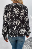 Black Floral V Neck Button Up Blouse