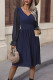 Navy V Neck Sheer Sleeves Pleated Dress