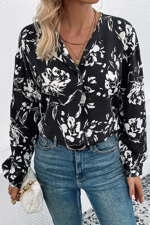 Black Floral V Neck Button Up Blouse