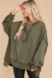 Green Oversized Exposed Seam Henley Sweatshirt