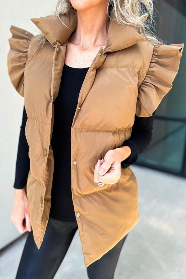 Plain Flutter Sleeves Puff Buttoned Vest Jacket