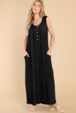 Black Sleeveless Buttons Wide Leg Rib Knit Jumpsuit