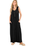 Black Sleeveless Buttons Wide Leg Rib Knit Jumpsuit