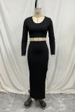Plain Rib Knit Crop Top With Split Skirt Two Pieces Dress