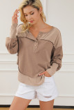 Dark Brown Exposed Seam Ribbed Thumbhole Sleeve Buttoned Sweatshirt