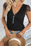 Black V Neck Button Lace Short Sleeves Top