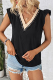 Black V Neck Contrast Lace Tape Short Sleeves Top