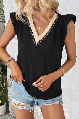 Black V Neck Contrast Lace Tape Short Sleeves Top