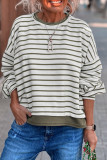 Laurel Green Striped Drop Shoulder Contrast Splicing Top