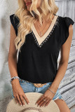 Black V Neck Contrast Lace Tape Short Sleeves Top
