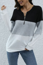 Color Block Zipper Down Rib Long Sleeves Top