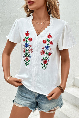 White V Neck Embroidery Lace Blouse