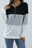 Color Block Zipper Down Rib Long Sleeves Top