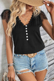 Black V Neck Button Lace Short Sleeves Top