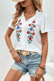 White V Neck Embroidery Lace Blouse