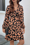 Brown Printing Split Wrap Dress