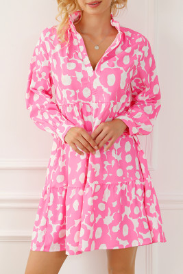 Light Pink Sweet Flower Print Tiered Ruffled Trim Short Dress
