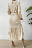 Beige Pleated Maxi Dress With Belt