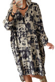 Apricot Splash Ink Print Long Sleeve Button Front Split Dress