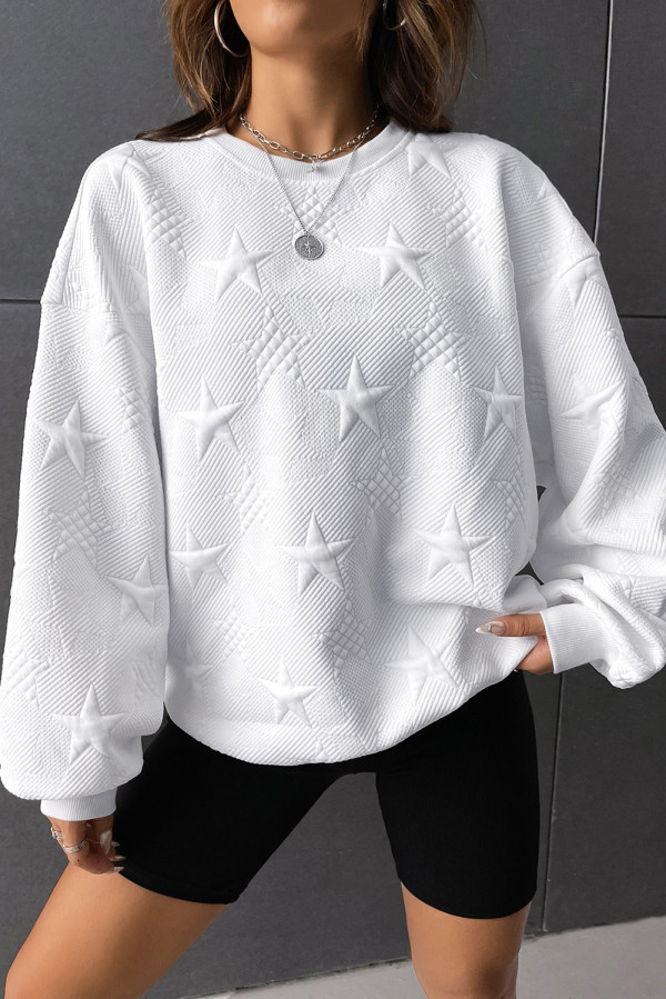 White Star Embossed Textured Drop Shoulder Sweatshirt