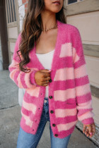 Strawberry Pink Colorblock Striped Buttoned Fuzzy Cardigan