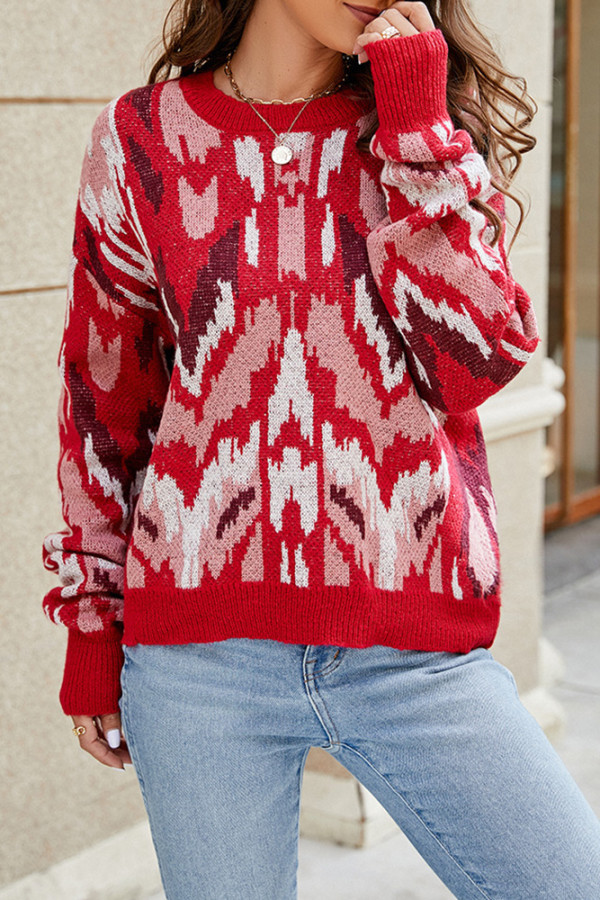 Red Aztec Knitting Pullover Sweater