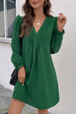 Green V Neck Pin-Tucked Puff Dress