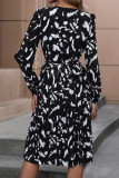 Black Floral Buttoned Pleated Dress