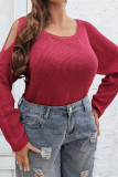 Red Plus Size Cold Shoulder Knitting Top