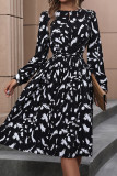 Black Floral Buttoned Pleated Dress