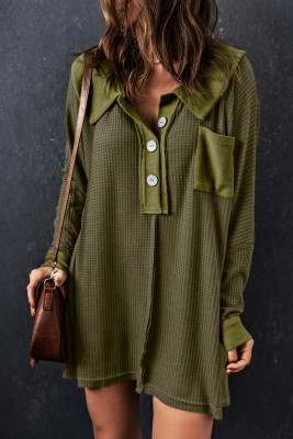 Green Waffle Knit Buttoned Long Sleeve Top
